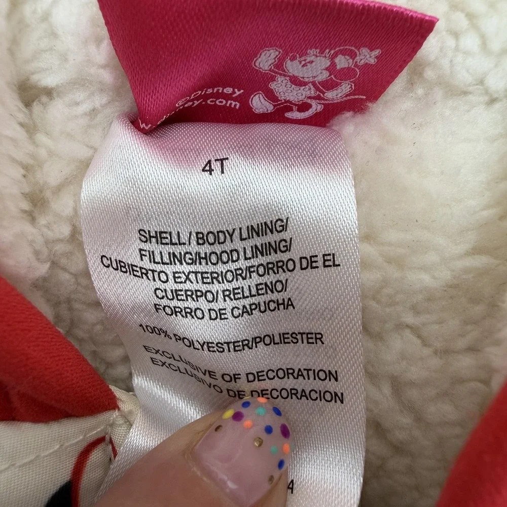 Disney Junior Minnie Mouse Hooded Puffer Jacket White Sherpa Sequin M Size 4T
